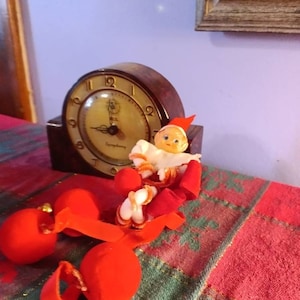 Free Shipping USA Vintage Mid Century Blue Eyed Elf Ornament with Flocked Red Balls, MCM Elf Hanger, Candy Cane Elf Hanger Velvet Bow