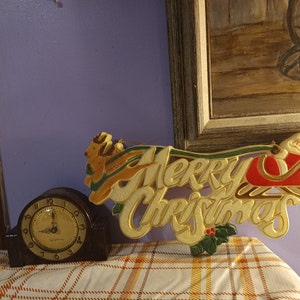Free Shipping USA 1970's Merry Christmas Sign with Santa and Two Reindeer, Vintage Merry Christmas Plastic Plaque Sign Wall Hanging Decor
