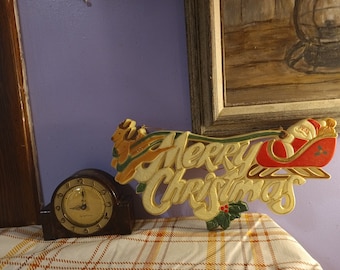 Free Shipping USA 1970's Merry Christmas Sign with Santa and Two Reindeer, Vintage Merry Christmas Plastic Plaque Sign Wall Hanging Decor