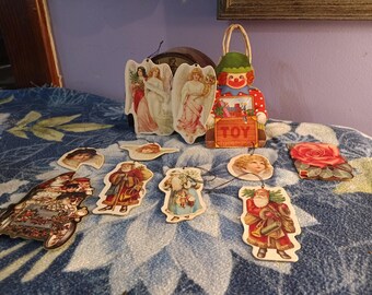 Free Shipping USA Vintage Paper Cardboard Christmas Ornaments, Angel Ornaments, Cherubs, Vintage Santa Ornament , Clown Bag, Sowing Needles