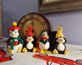 Free Shipping to US Vintage Penguin Christmas Ornaments, Penguins with Santa Hats, Penguin with Scarf