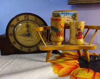 Free Shipping USA Vintage Mid Century Souvenir from Myrtle Beach SC Hand Painted Rooster Salt and Pepper in a Chair Holder