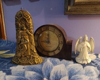 Free Shipping USA 2 Angel Christmas Ornaments, Vintage White Plastic Angel, Vintage Gold Angel, Unique Angel, Gold Detailed Angel, Bell Ange