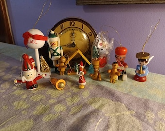 Free Shipping USA Vintage 1980's Mini Painted Wooden Christmas Ornament Mini Santa, Mini Bells, Skater, Snowman, Angel on Horse, Vintage Woo