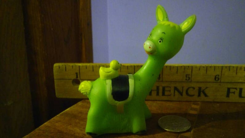 Vintage Green Rubber Llama Toy with Long Neck and Duck and Saddle on his Back