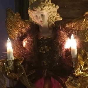 Free Shipping Electric Brown Angel Tree Topper, Elegant Victorian Look Porcelain Angel with Gold Wings in Brown Fur Electric Tree Topper