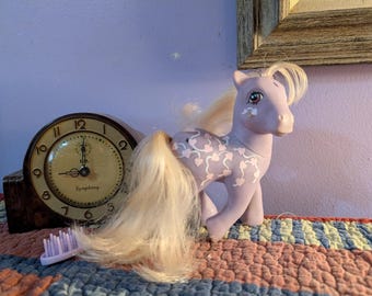 My Little Pony 1987 "Twice as Fancy" Ponies Hearts Love Melody, Purple Pony with Pink Hearts and Ribbons, Generation One Love Melody, Lilac