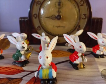Free Shipping USA Vintage Easter Decorating Mini Ornaments, Mini Bunny Band Made in Japan Long Eared White Bunny  Instrument Small Rabbit