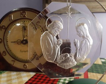 Free Shipping USA Vintage Clear Christmas Ornament Nativity, Star of Bethlehem, Cretch, Etched Nativity, Mary, Joseph Baby Jesus