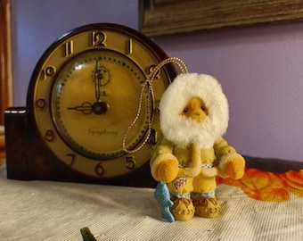 Free Shipping USA Cherish Teddy 1999 Christmas Ornament Eskimo Wearing "Fur" Lined Coat and "Leather" Moccasins with Blue Fish, Eskimo Bear