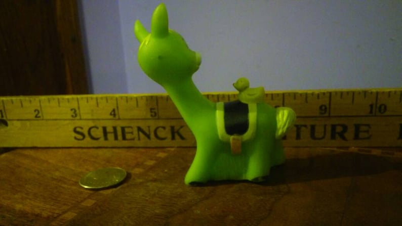 Vintage Green Rubber Llama Toy with Long Neck and Duck and Saddle on his Back