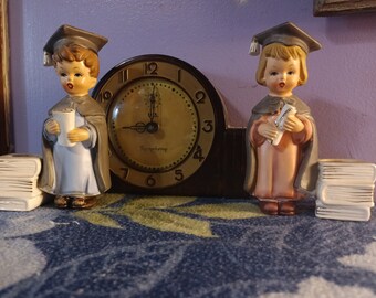 Free Shipping USA Mcm Graduation Boy and Girl & Books HF Co Made in Japan P-612 Ceramic Bisque, Mid Century Graduate 1967 Child Diploma