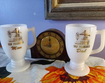 Free Shipping USA Two Vintage Milk Glass San Francisco Mom and Dad, White Glass Mug with Gold Font, California Souvenir