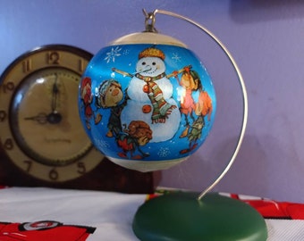 Free Shipping USA Vintage 1979 Satin Ball Christmas Ornament, Bright Blue with kids Building a Snowman