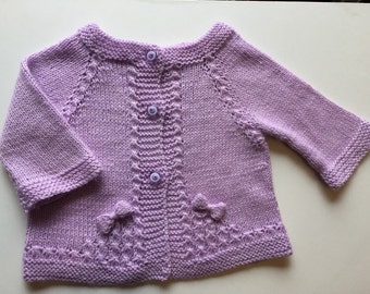 Handmade Knitted Lilac Wool Baby Girl Cardigan with Bow Ties, 0 to 6 Months Old, Baby Fashion Clothing