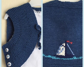 Knitted Jean Blue Baby Vest With Sail Boat Crosstich, Baby Boy Vest, 0-8 Months, Baby Fashion Clothing