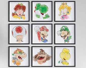 Stampe artistiche ad acquerello di Super Mario: set da 9, decorazioni per la cameretta dei bambini ispirate ai videogiochi (download digitale)