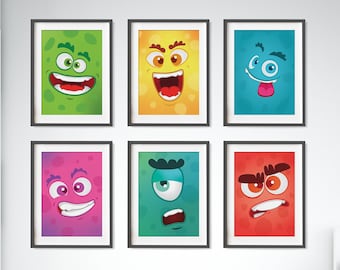 Set of 6 Monster face for kids | cute monster print | Colorful Wall Art prints for Nursery rooms | kids room wall art monster