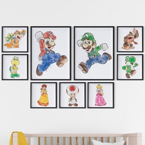 Set of 9 Super Mario Printable Watercolor Poster, Super Mario Bros Wall Art Poster, Luigi Mario Printable, Bowser, Donkey Kong Gift