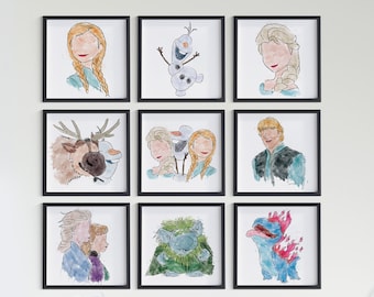 Stampe artistiche ad acquerello Frozen: Elsa, Anna, Olaf, set da 10 (download digitale)