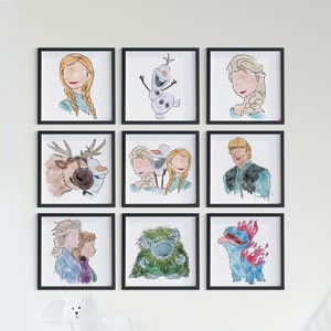 Anna, Elsa, Olaf Set of 10 frozen Watercolor art, printable wall art, Watercolor frozen, Girl room decor, Kristoff, Sven, Faceless portraits
