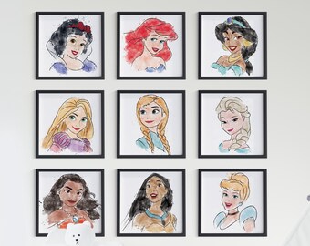Stampe acquerello di principesse: decorazioni murali per la cameretta delle bambine, set da 9 (download digitale)
