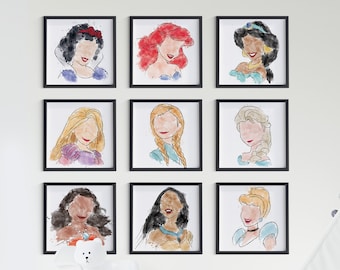Stampe di principesse ad acquerello: decorazioni moderne per la cameretta delle bambine (set di 9) (download digitale)