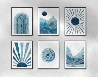 Set di stampe murali Blue Boho: stampe acquerello minimaliste (download digitale)