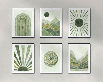 Set di stampe murali Boho verde salvia: stampe minimaliste ad acquerello (download digitale)