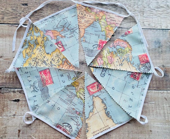 World Map Fabric Bunting, Travel Party Garland, Gap year gift