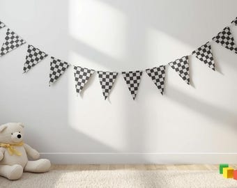 May include: A black and white checkered flag banner hangs on a white wall. The room has a neutral color palette with a beige rug, a wooden bed, a teddy bear, a woven basket, and colorful blocks.