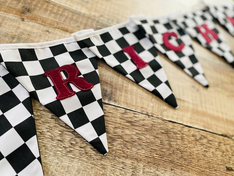 Racing Car Bunting, Checkered Flag Banner, Boy's Room Decor, Hotwheels room decor image 1