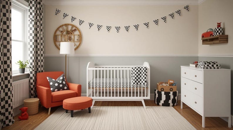 May include: A nursery with a race car theme. The room features a white crib, orange armchair, and a dresser. Checkered flags and patterns are used throughout the room, including on the curtains, bedding, and decorative accents.