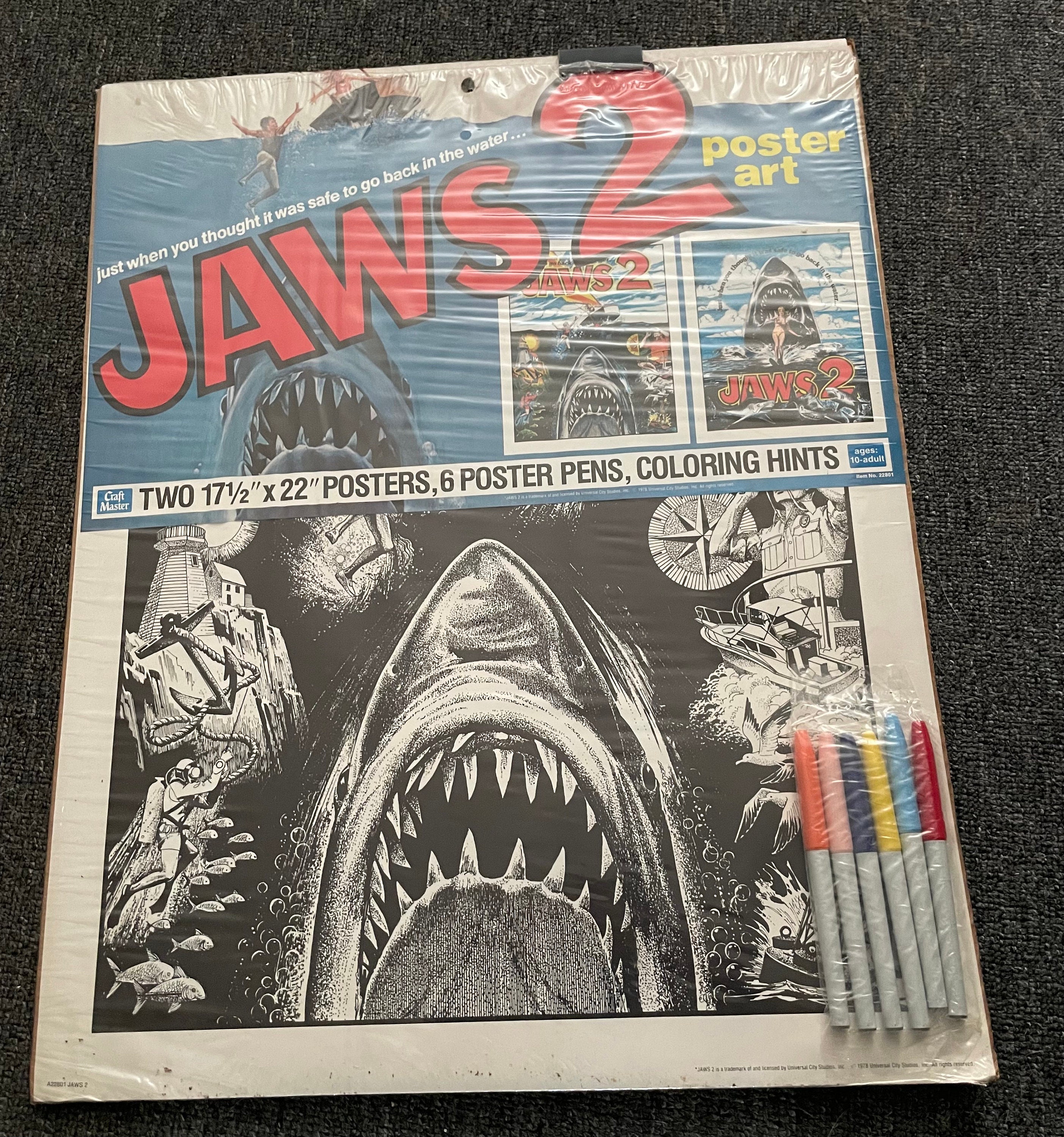 Extremely Rare 1978 Craft Master JAWS 2 Poster & Marker Pens
