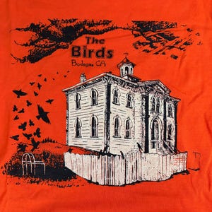 May include: Orange t-shirt featuring a graphic of a white building with a fence, black birds, and the text "The Birds Bodega, CA". The design is in black and white.