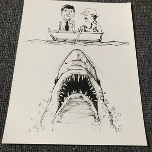 May include: A black and white ink drawing of a shark's open mouth with rows of sharp teeth. Two people in a rowboat are seen above the shark's mouth.
