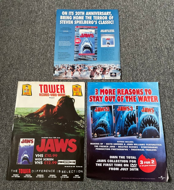 Three JAWS VHS DVD Magazine Page Ads! Laser Disc! Tower