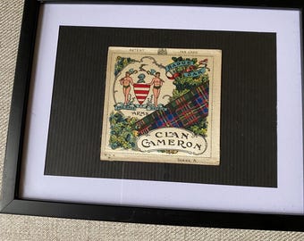 Cameron Clan Tartan Coat of Arms  Antique Silk Framed from 1904
