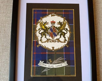 Leslie Clan Tartan Coat of Arms Antique Framed