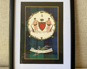 Sutherland Clan Tartan Coat of Arms Antique Framed