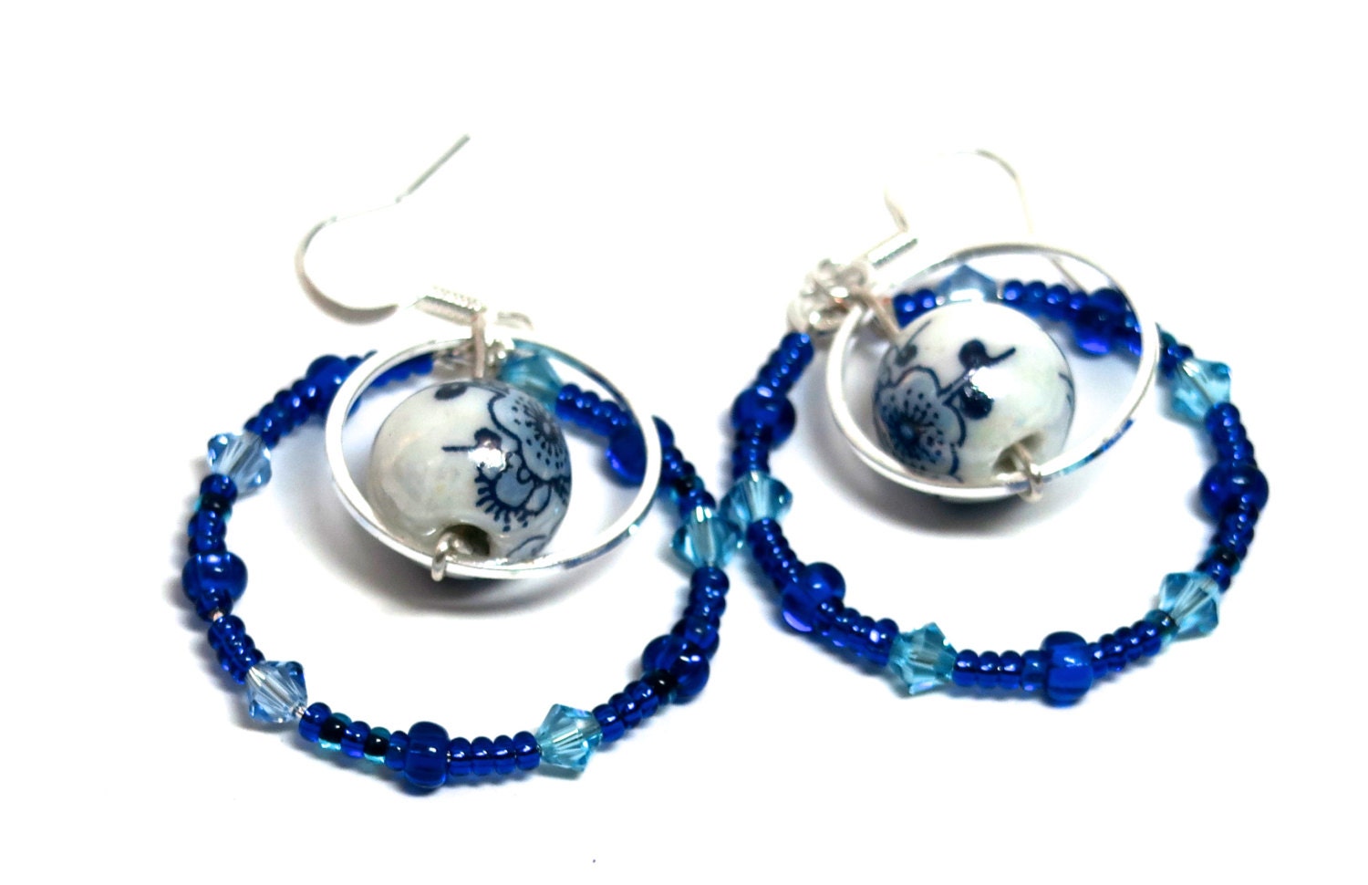 Sterling Ear Wire Blue Hoop Earrings With Ceramic Flower Bead - Etsy ...