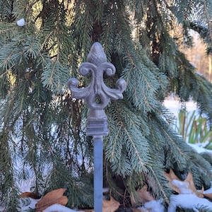 May include: A black metal garden stake with a decorative fleur-de-lis design. The stake is partially obscured by a green evergreen tree and is set in a snowy background.