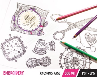 Embroidery Tools Printable Coloring Page for Adult and Kids, Print and Color in, PDF and JPG, Boho Style Colouring Page - Instant Download