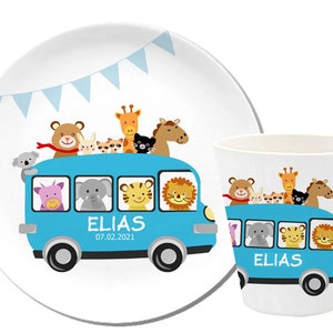 Children's plate with name, children's tableware personalized, gift birth, baptism, kindergarten, zoo animals, melamine cup