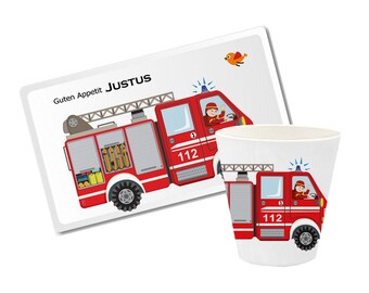 Frühstücksbrett personalisiert, Kinderbecher Melamin, Löschfahrzeug, Feuerwehr