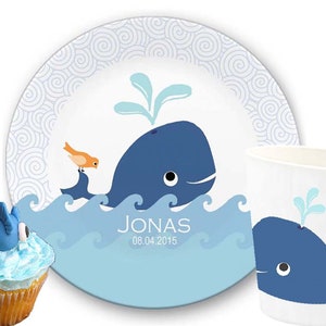 Fish, children's tableware personalized, children's plate name, gift birth, baptism, whale, whale, blue and white