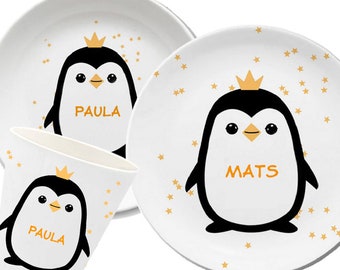 Penguin, children's plate with name, children's tableware personalized, gift birth, baptism, king penguin