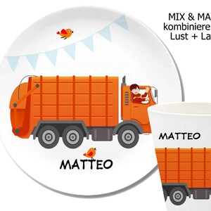 Garbage truck, children's tableware name, children's plate personalized, gift boy, garbage truck, melamine cup