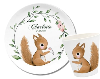 Eichhörnchen, Kindergeschirr personalisiert, Kinderteller Name, Frühstücksbrett, Kinderbecher, Eichkatz, Melamin