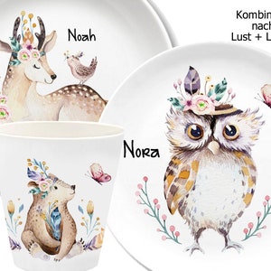 Deer, children's tableware personalized, children's plate with name, boho, bear, owl, melamine cup